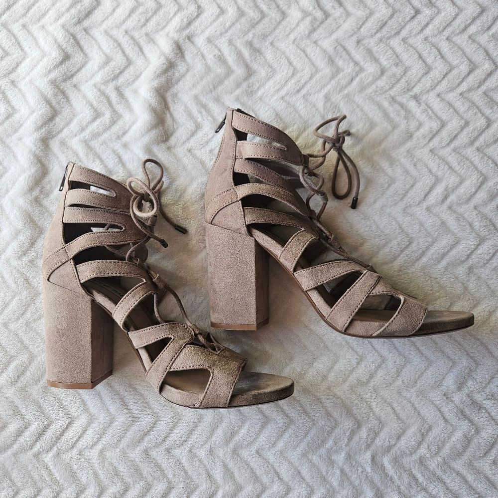 Steve Madden Gal Lace Up Block Heel Sandals | Taupe Cage Sandal Size 7.5